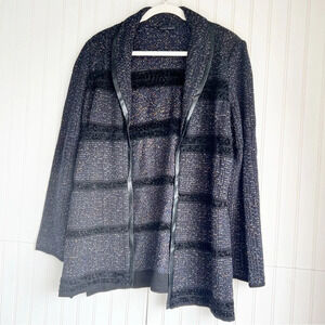 MING WANG Size L Open Cardigan Boucle Blue Black Knit Jacket with Leather Trim